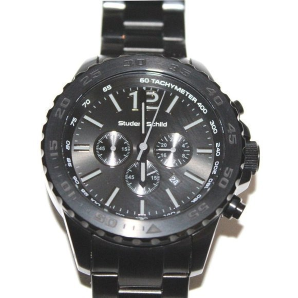 NEW w/Box Studer Schild Dunlop Black Steel Chronograph‎ Mens Watch NEW Battery